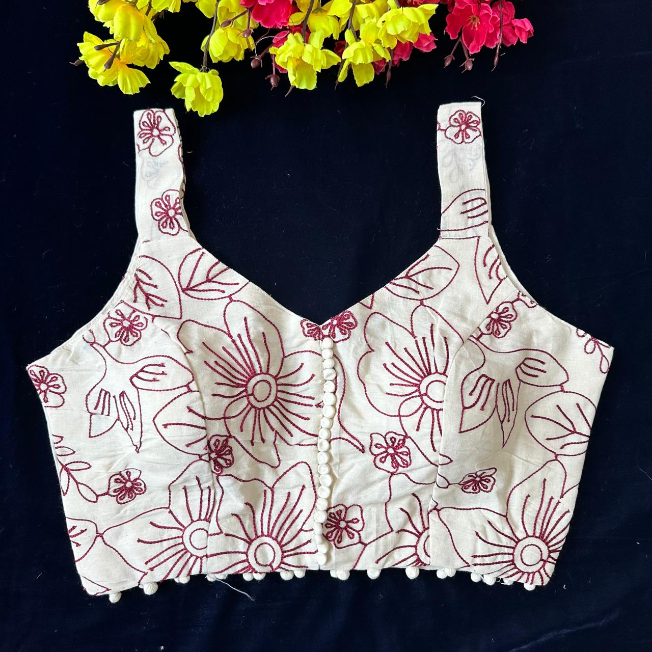 White Floral Embroidered Sleeveless Cotton Blouse