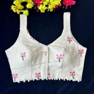 White with Pink Floral Embroidered Sleeveless Cotton Blouse