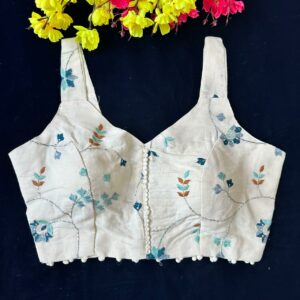 White Multicolor Floral Embroidered Sleeveless Cotton Blouse