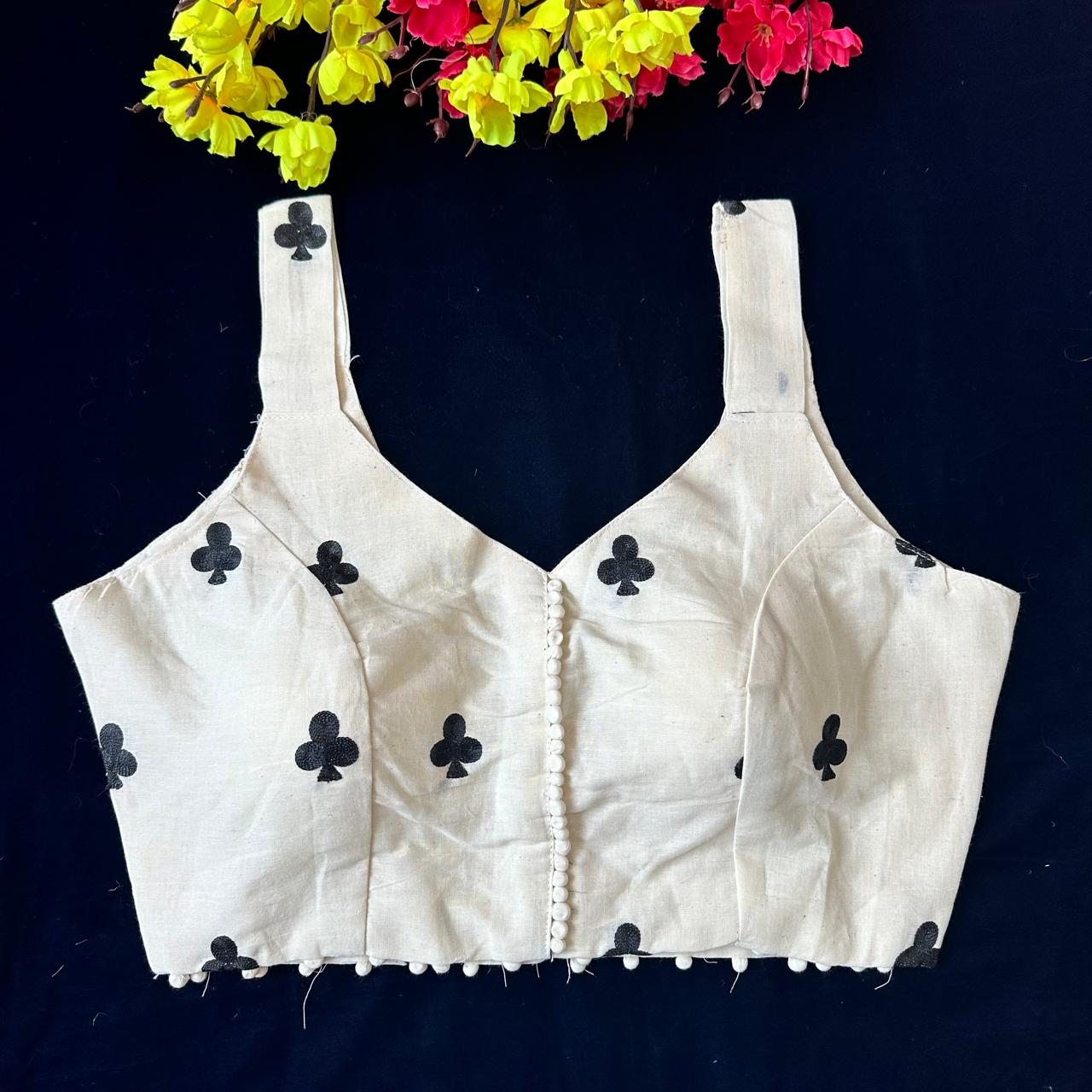White Black Club Embroidered Sleeveless Cotton Blouse