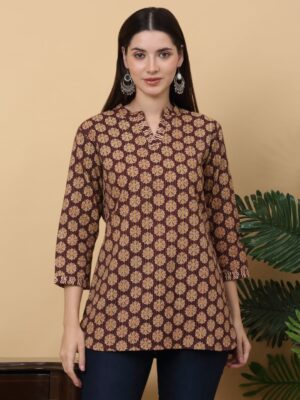 Short Kurti - Jaipuri Cotton | Maroon with Orange Floral Pattern