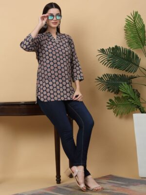 Short Kurti - Jaipuri Cotton | Blue with Multi Color Floral Pattern