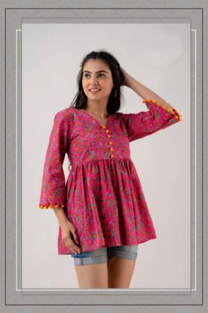 Short Kurti - Jaipuri Cotton | Pink with Blue Floral Pattern