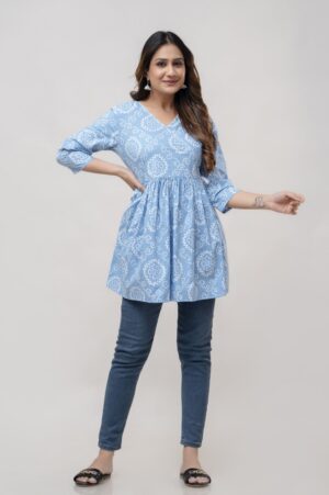 Short Kurti - Jaipuri Cotton | Sky Blue with White Color Floral Pattern