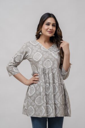 Short Kurti - Jaipuri Cotton | Grey with White Color Floral Pattern