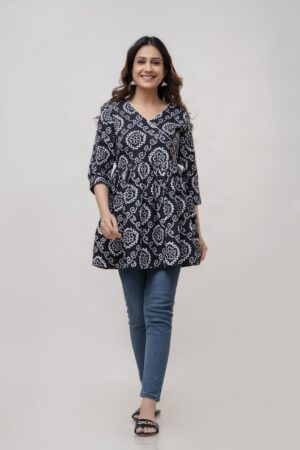 Short Kurti - Jaipuri Cotton | Black with White Color Floral Pattern
