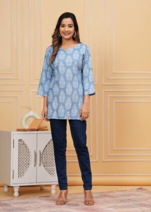 Short Kurti - Jaipuri Cotton | Sky Blue with White floral Print