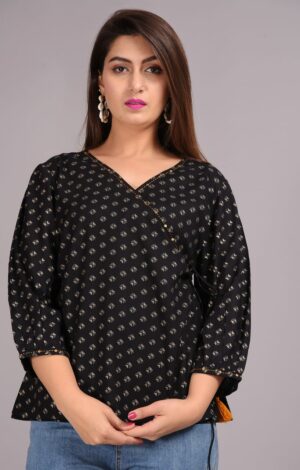 Short Kurti - Jaipuri Cotton | Black with Golden & Grey print