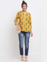 Short Kurti - Jaipuri Cotton | Yellow with Green Floral Pattern