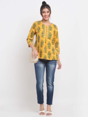 Short Kurti - Jaipuri Cotton | Yellow with Green Floral Pattern