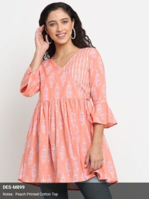 Short Kurti - Jaipuri Cotton | Peach with White Flower