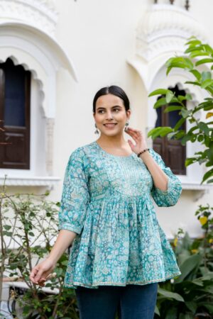 Short Kurti - Jaipuri Cotton | Blue with White Flower