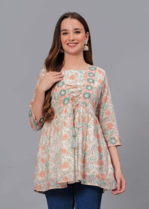 Short Kurti - Jaipuri Cotton | Peach and Green Flowers on White