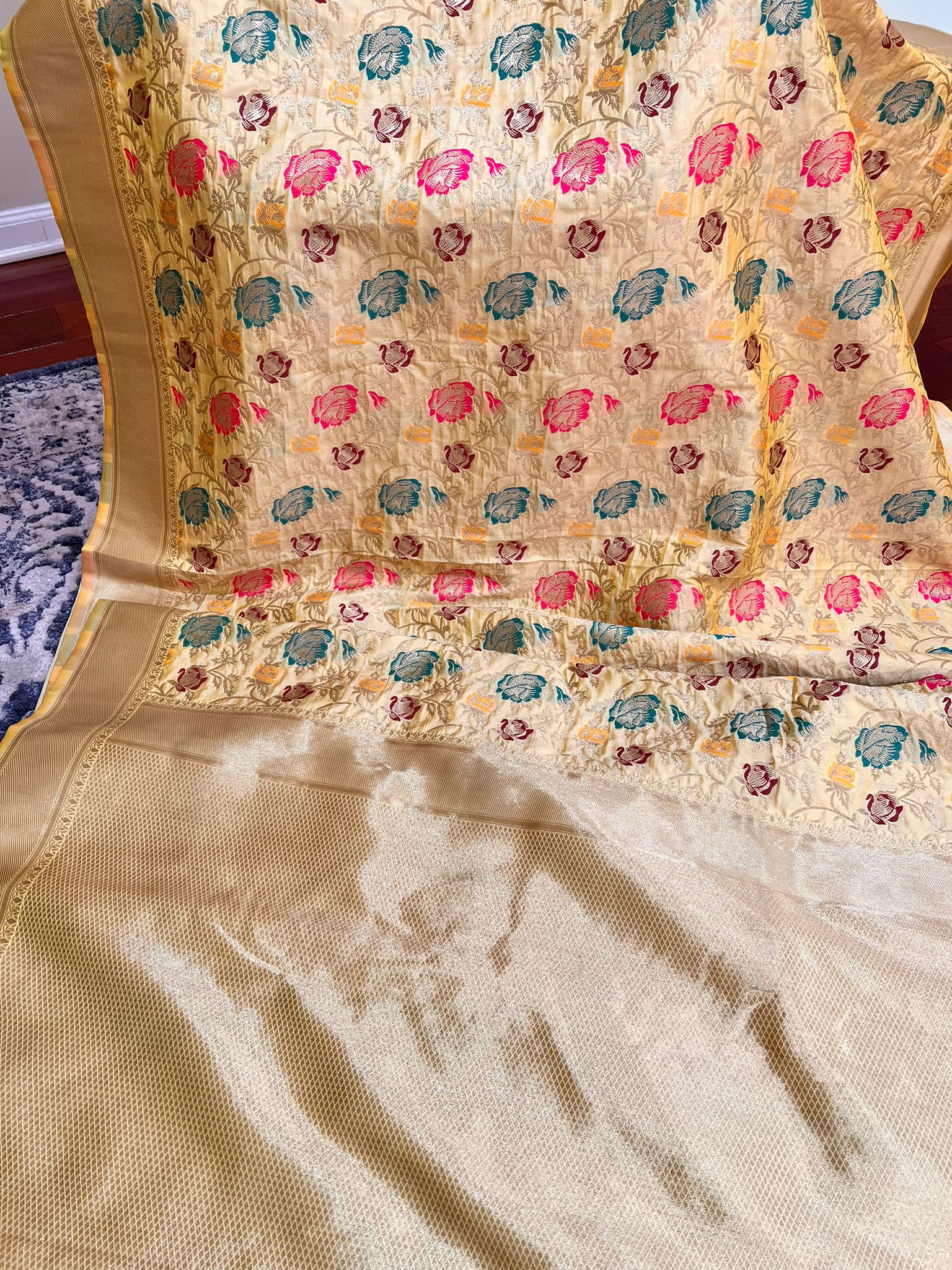 Tusser Finishing Silk Saree | Floral Design | Budget Friendly | Fall & Pico done | Golden Color
