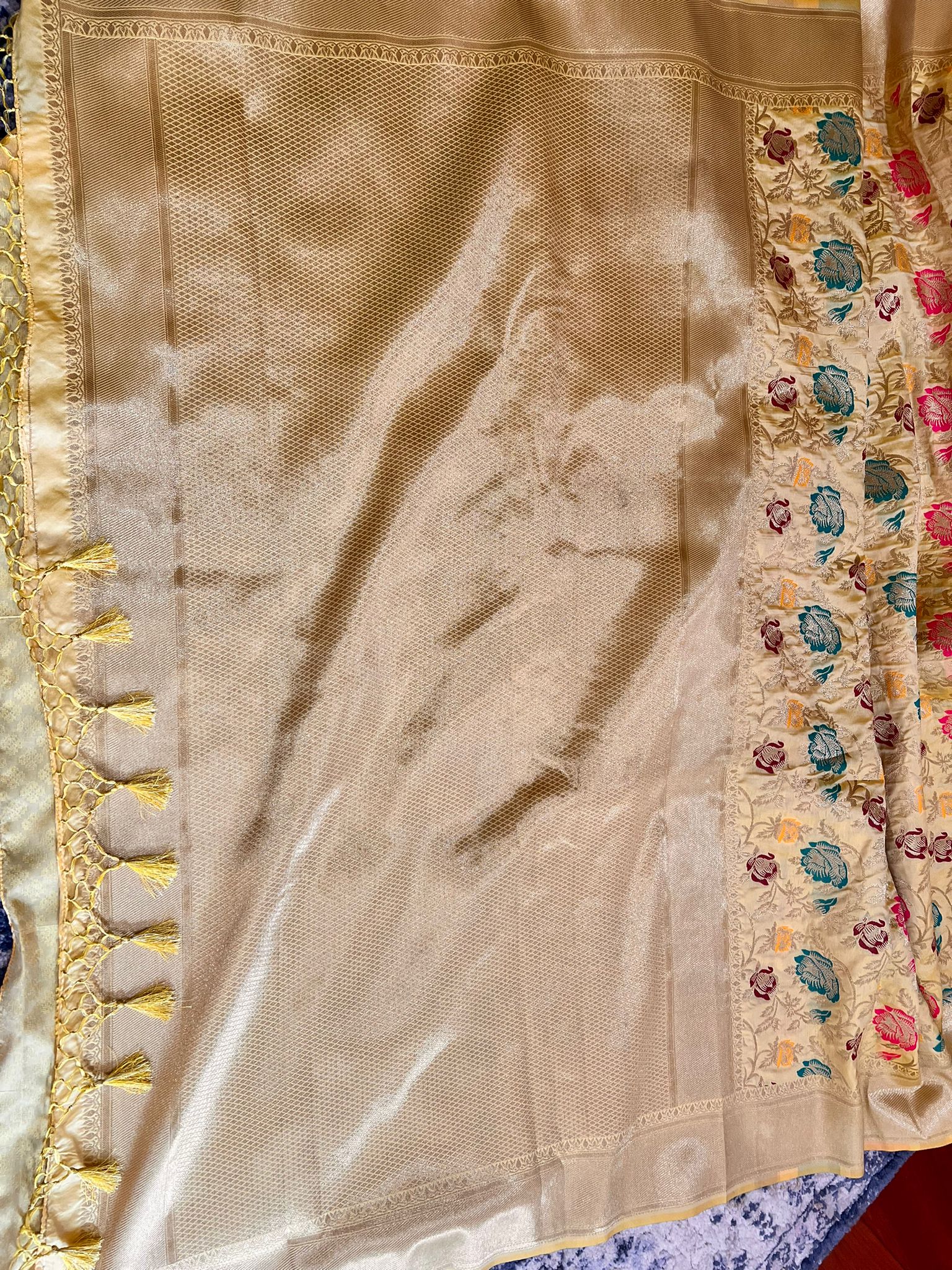 Tusser Finishing Silk Saree | Floral Design | Budget Friendly | Fall & Pico done | Golden Color - Image 2