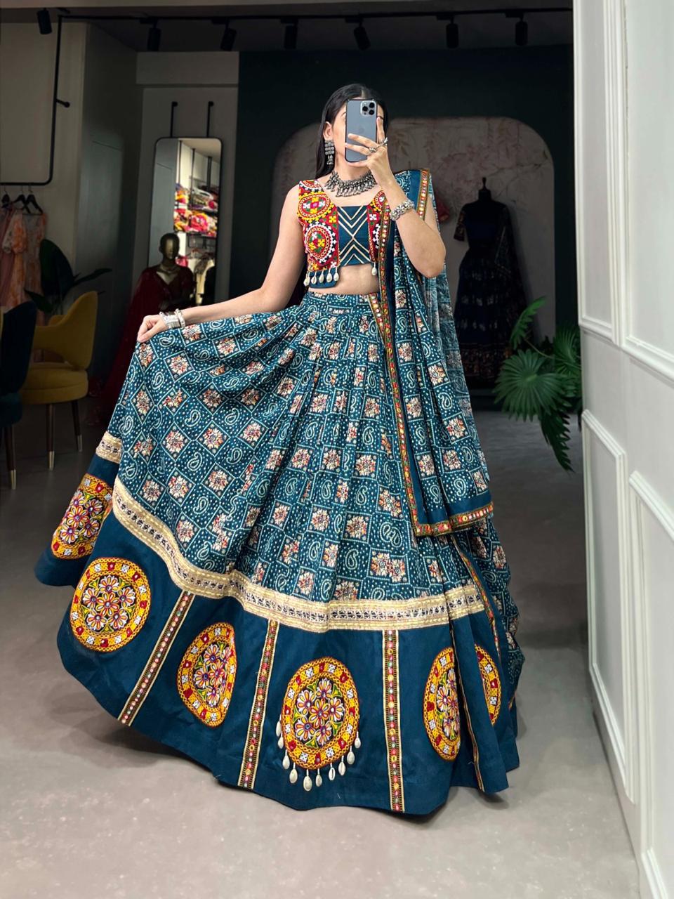 Traditional Bandhani Mirror Work Chaniya Choli with Kutch Embroidery - Image 4