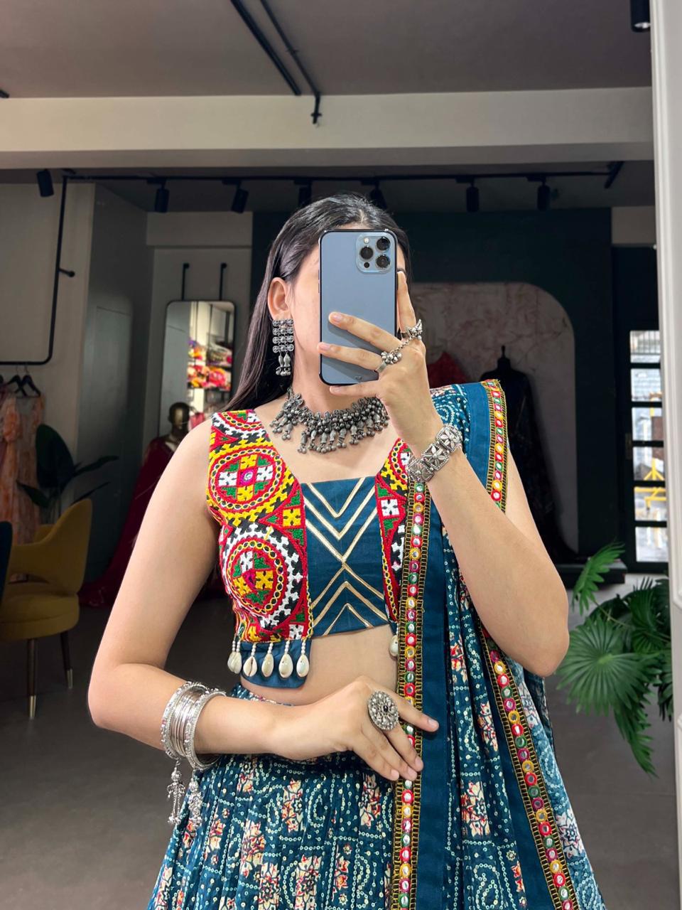 Traditional Bandhani Mirror Work Chaniya Choli with Kutch Embroidery - Image 2